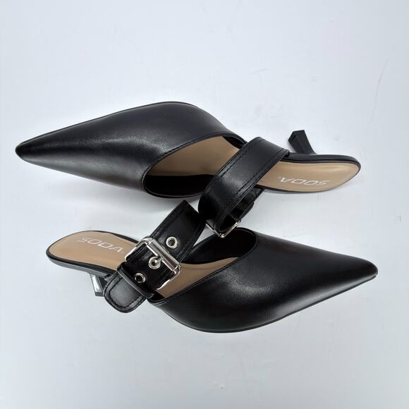 Soda Black Pointed Toe Mules Kitten Heels Buckle Straps Sze 8.5 Slip On Business - Picture 4 of 10
